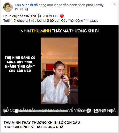 Thu Minh phải tạm dừng livestream để nói chuyện cùng chồng và con trai.