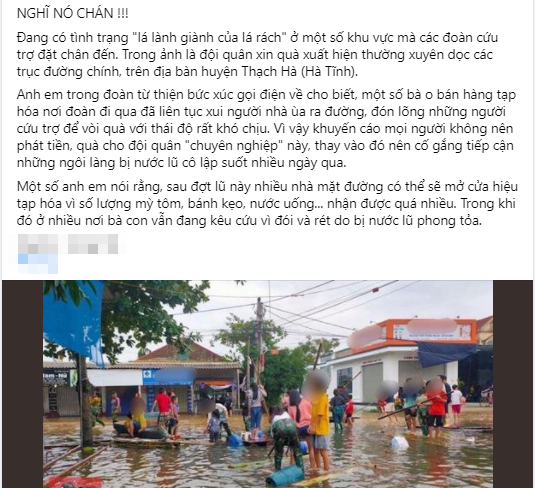 Bài viết chia sẻ về việc một nhóm người ra đường xin quà cứu trợ ở Hà Tĩnh.