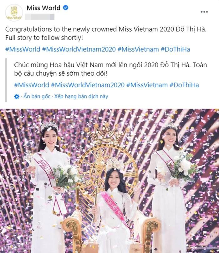 Miss World đăng tải hình ảnh, thông tin chúc mừng Đỗ Thị Hà như ngầm xác định cô sẽ đi thi Hoa hậu Thế giới.