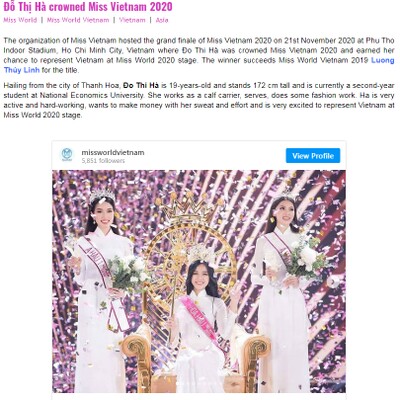 Chuyên trang Missosology và Angelopedia cũng đăng tải hinh ảnh chúc mừng Tân Hoa hậu.