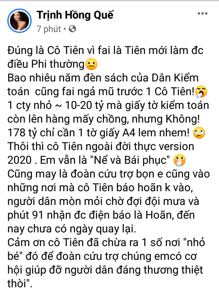 Dòng trạng thái mỉa mai đàn chị Thủy Tiên của cựu người mẫu Hồng Quế.