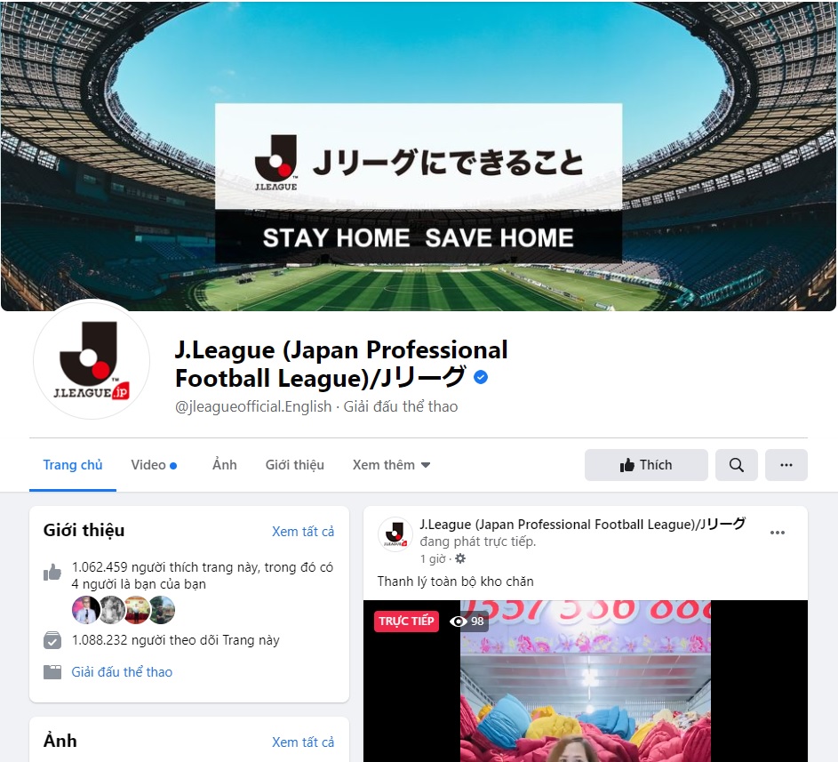 Fanpage giải bóng đá của Nhật Bản bị hack để livestream bán hàng qua mạng.