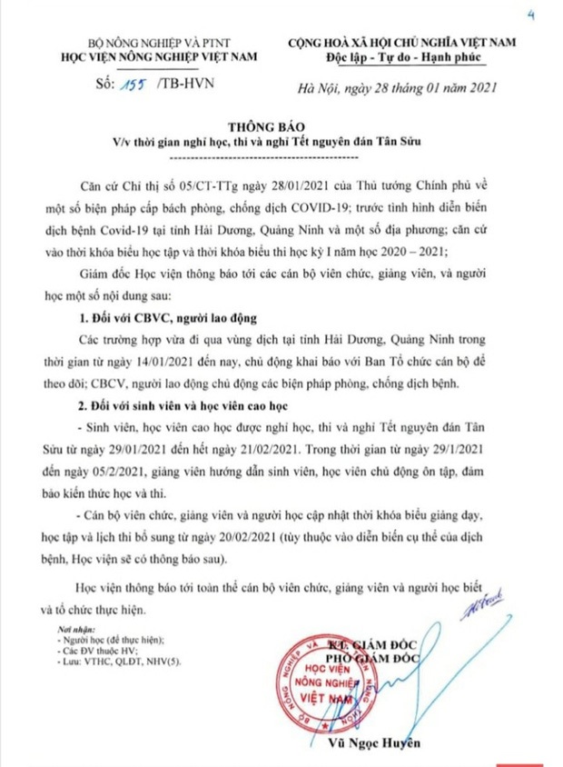 Thông báo của trường Học viện Nông nghiệp Việt Nam.