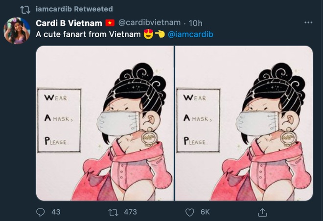 Nữ rapper đã chia sẻ lại bức tranh của fan Việt trên twitter 16,7 triệu người theo dõi của mình.