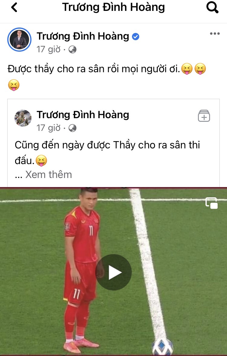 Võ sĩ Trương Đình Hoàng hài hước khoe được ông Park tung ra sân trong màu áo ĐT Việt Nam, đi kèm hình ảnh của tiền đạo Phạm Tuấn Hải