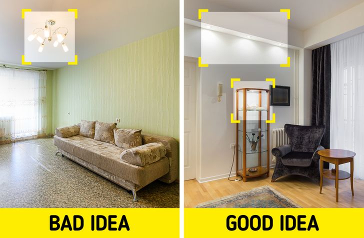 Đối với căn hộ nhỏ, bạn hãy đảm bảo mọi ngóc ngách trong phòng đều được chiếu sáng để tạo không gian lớn hơn.