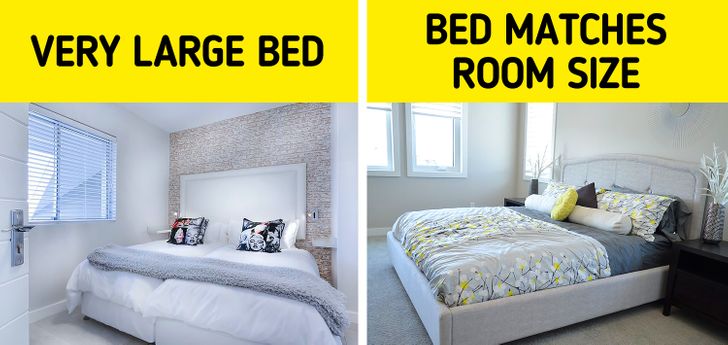 Bạn nên chọn giường có kích thước phù hợp với căn phòng, khi kê vào hai bên giường và chân giường vẫn có khoảng trống