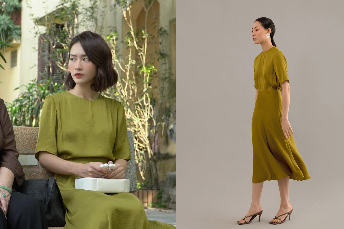  Bộ váy giá “êm” nhất trong bộ sưu tập của Tuệ Nhi có lẽ là chiếc váy lụa nền nã màu cốm đến từ thương hiệu Mauve với mức giá chỉ 920.000 đồng